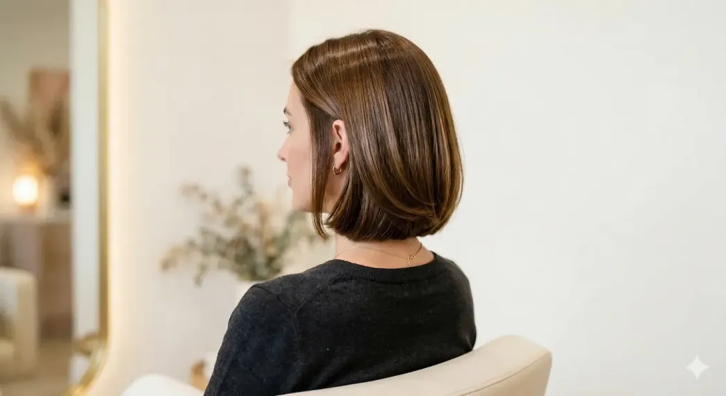 Person with short brown hair sits in a chair, viewed from behind in a bright room.