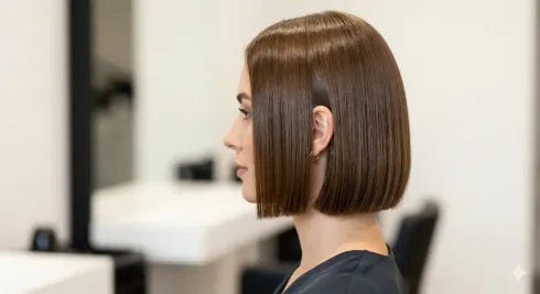 Side profile of a person with a straight brown bob haircut in a salon