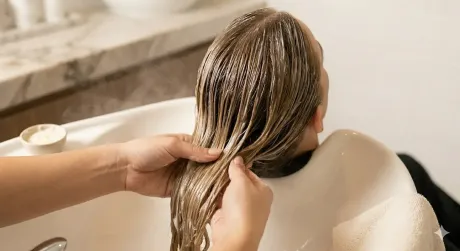 Person having their hair washed at a salon sink while seated in a white chair