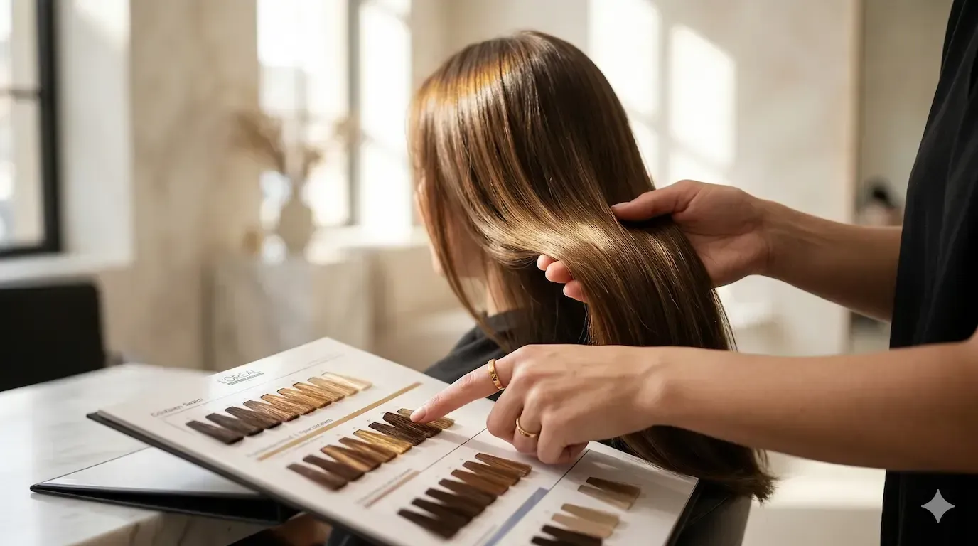 Stylist showing hair color swatches to a seated client in a bright salon