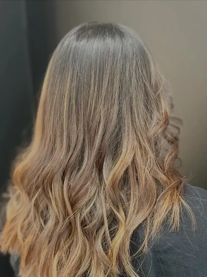 Wavy ombré hair with dark roots fading to blonde at the ends, shown from the back.