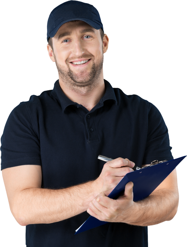A man is writing on a clipboard with a pen
