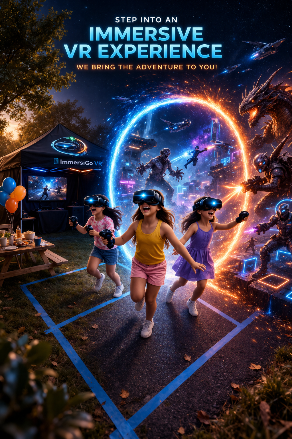 VR arcade with people running toward a glowing portal under the title “Immersive VR Experience”