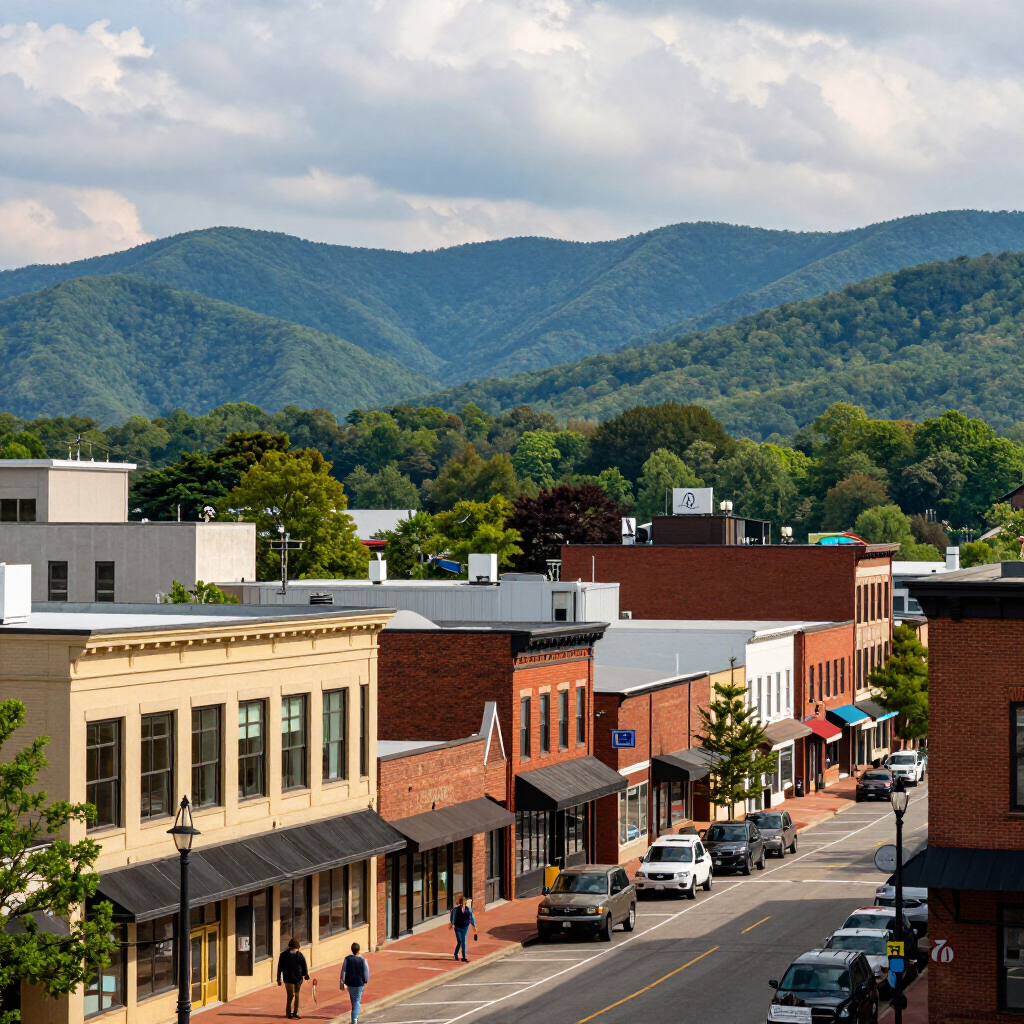 Downtown street with brick storefronts and parked cars, backed by green mountains under a cloudy sky