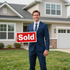 Real estate agent in blue suit holding a red “Sold” sign in front of a suburban house
