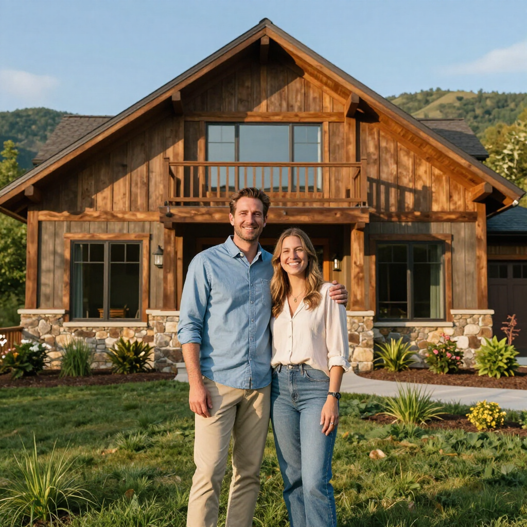 Couple standing in front of a rustic wooden house with a mountain backdrop