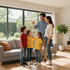 Family chatting in a bright living room with three children and two adults by a large window