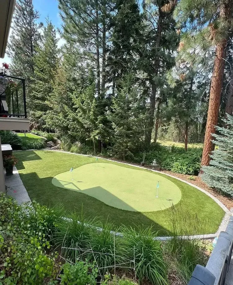 Backyard with a putting green, surrounded by trees and landscaping.