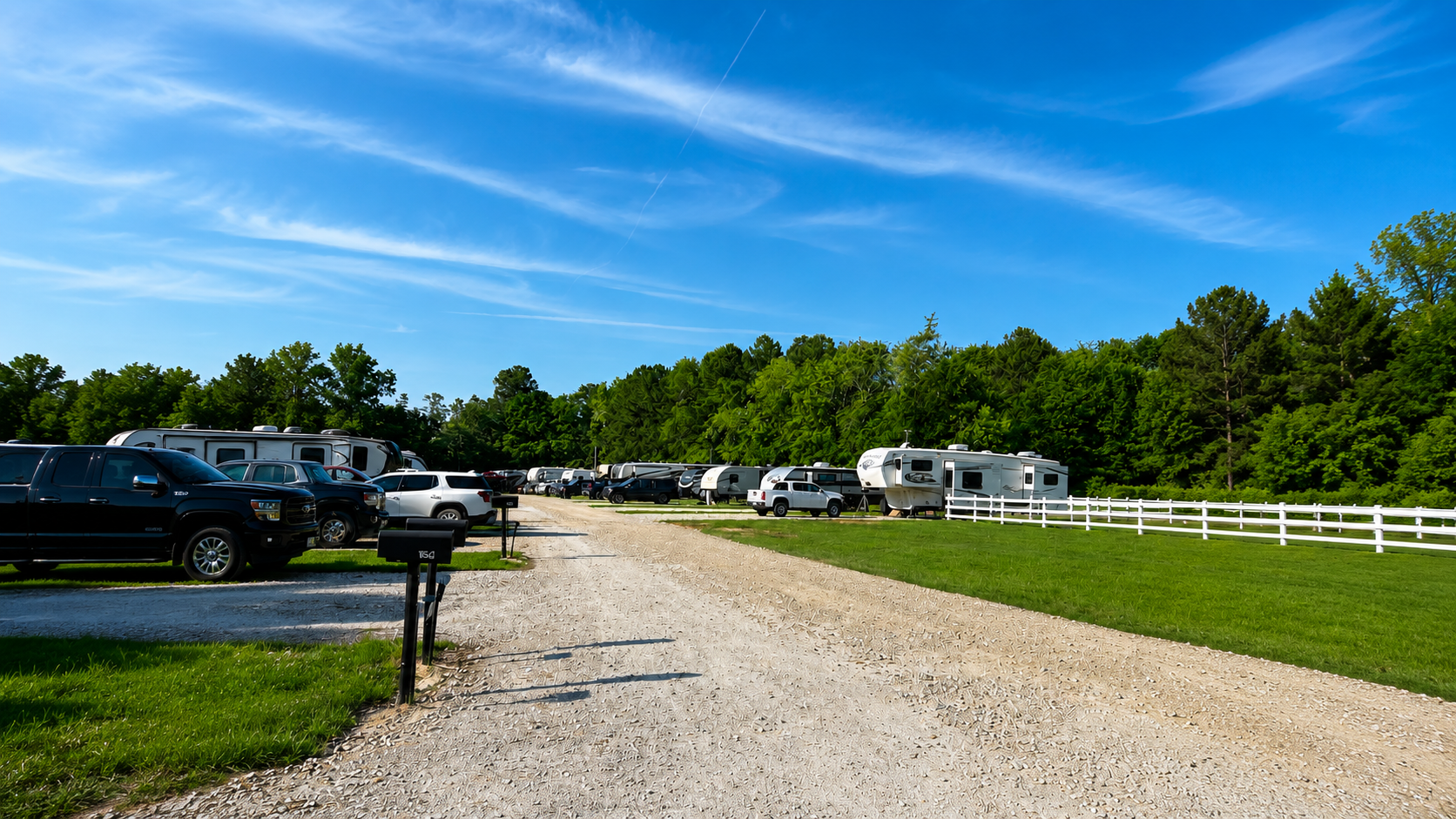 Gravel campground road with parked RVs and trucks beside a white fence under a blue sky