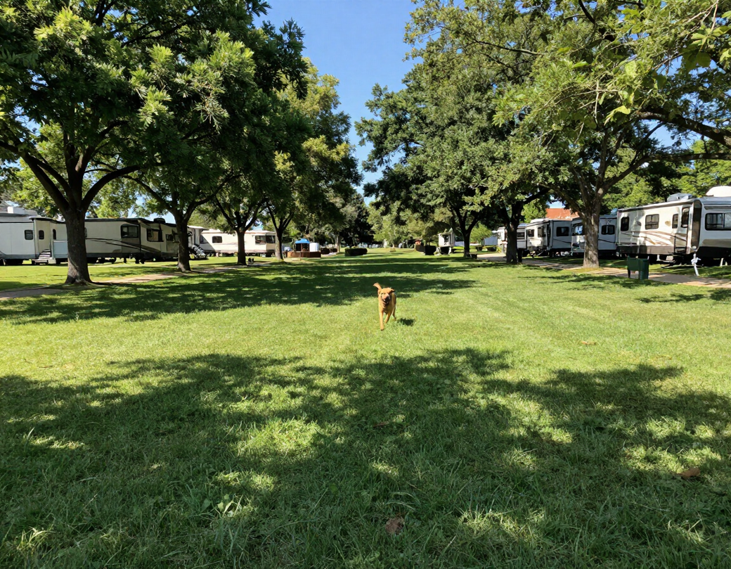 Small brown dog standing on a sunny grassy field in a park with trees and houses nearby