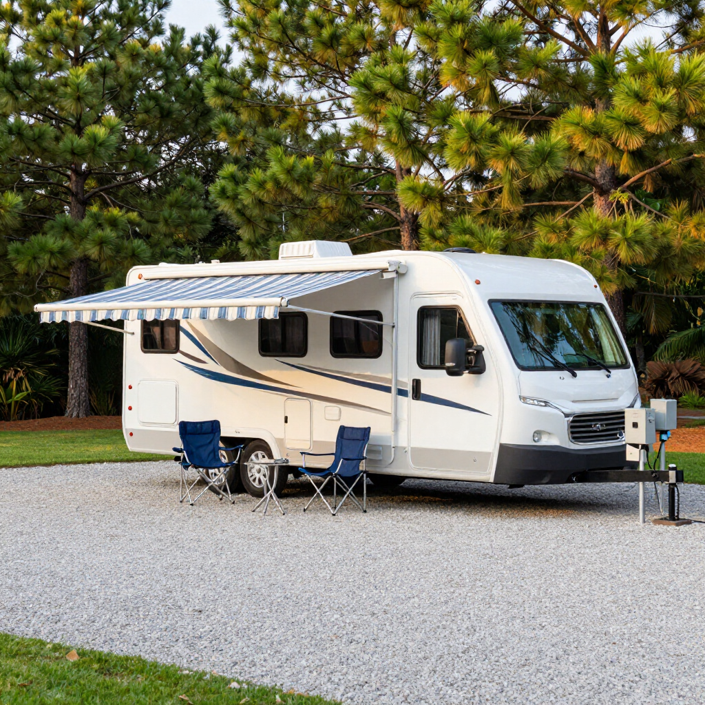 White RV with striped awning and camping chairs parked on gravel near trees