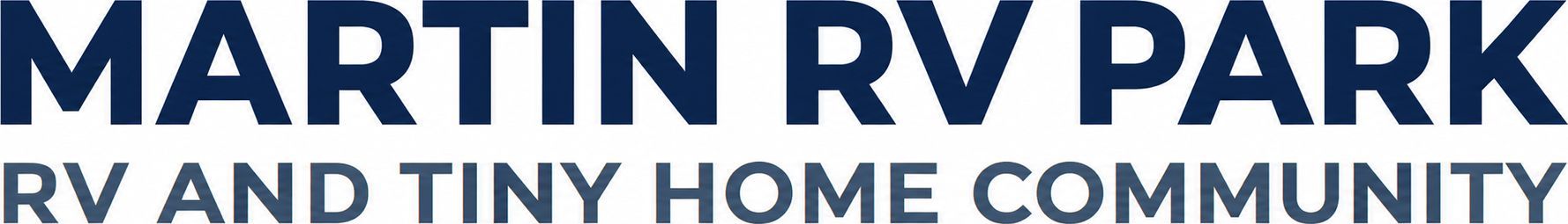 Martin RV Park logo with blue text and a small roof icon, reading “RV and Tiny Home Community”