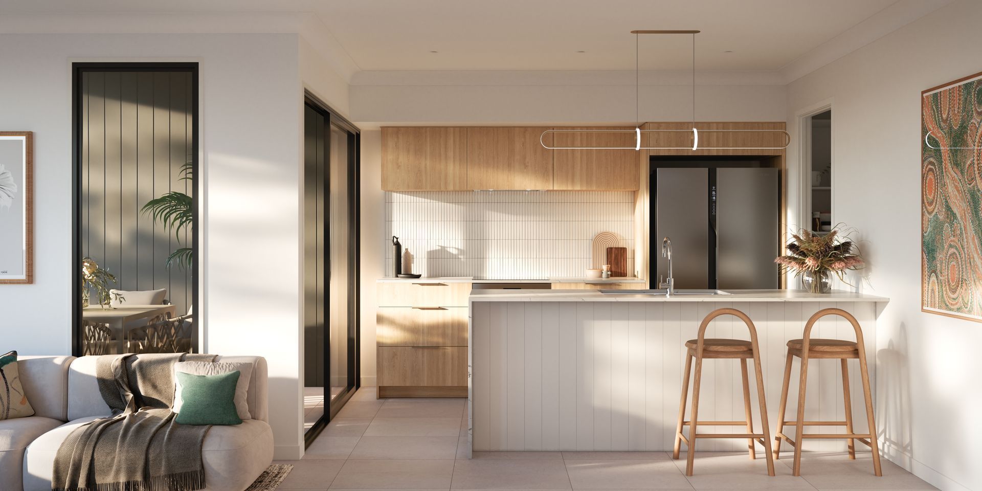 Kitchen interior with bar stools, wood paneling, and a large refrigerator.