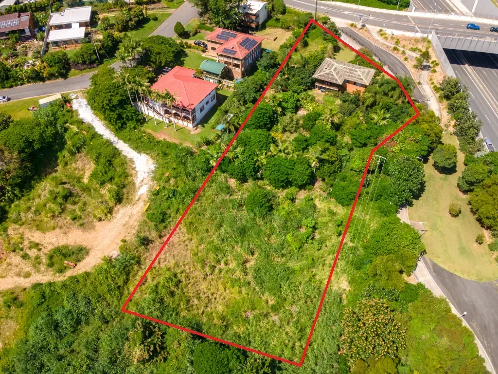 Aerial view of a vacant grassy lot outlined in red, surrounded by houses and greenery near a road.