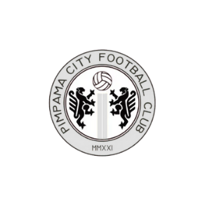Pimpama City Football Club logo: A circular crest with text and two lion-like figures flanking a central soccer ball.
