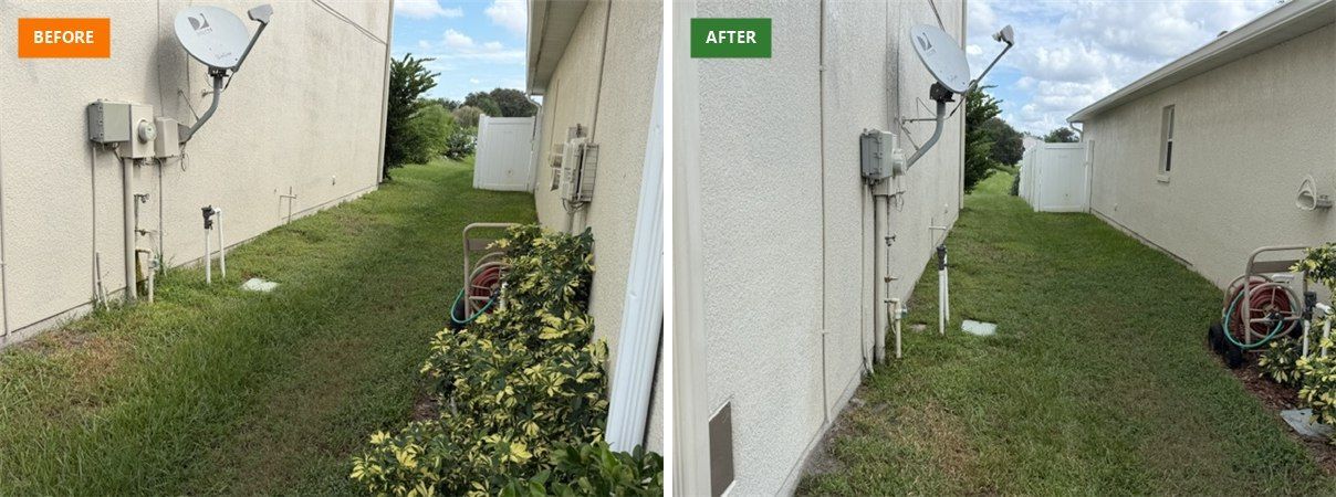 Before and after of a narrow side yard mowed and string trimmed by Hedges to Edges Lawn Care