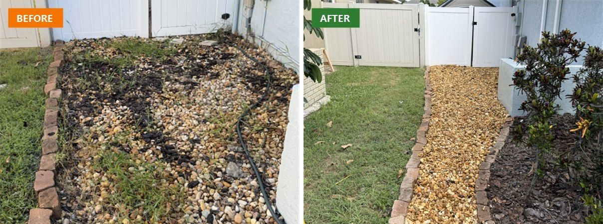 Before and after of a weedy side yard rock bed refreshed with new rock and brick edging by Hedges to Edges Lawn Care in Apollo Beach