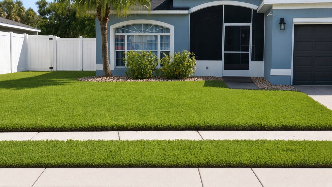 Front yard with fresh sod and river rock garden beds - Hedges to Edges Lawn Care, Tampa