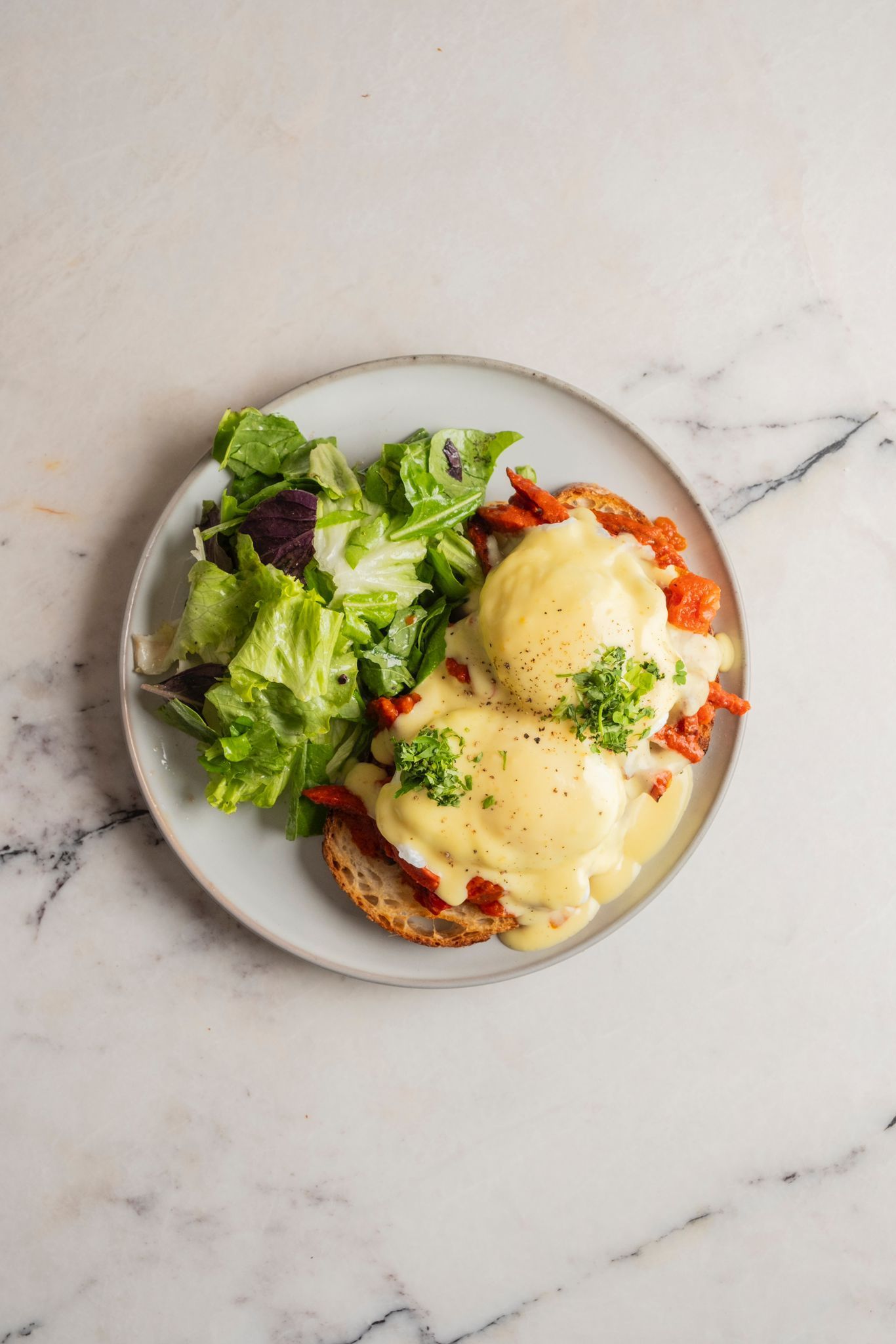 <b>eggs benedict</b><br>tomato-based sausage, poached egg, hollandaise sauce, green salad (840 kcal)