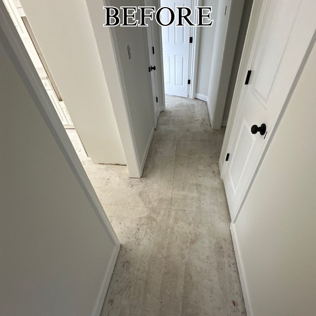 A picture of a hallway before being painted white.