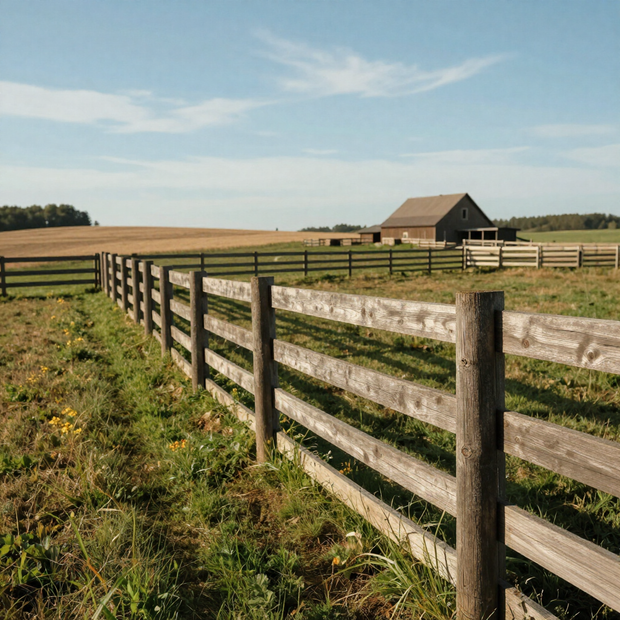Wooden fence lining a paved trail through a sunlit forest with tall trees and rocky ground