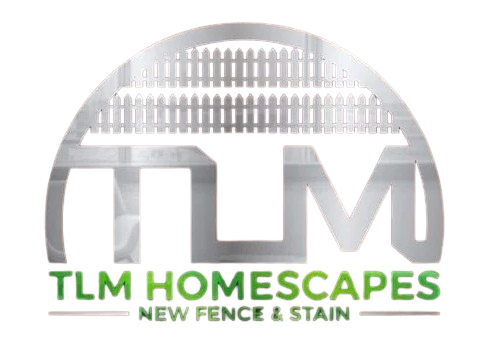TLM Homescapes logo with fence graphic and text “NEW FENCE & STAIN”