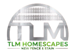 TLM Homescapes logo with fence graphic and text &ldquo;NEW FENCE & STAIN&rdquo;