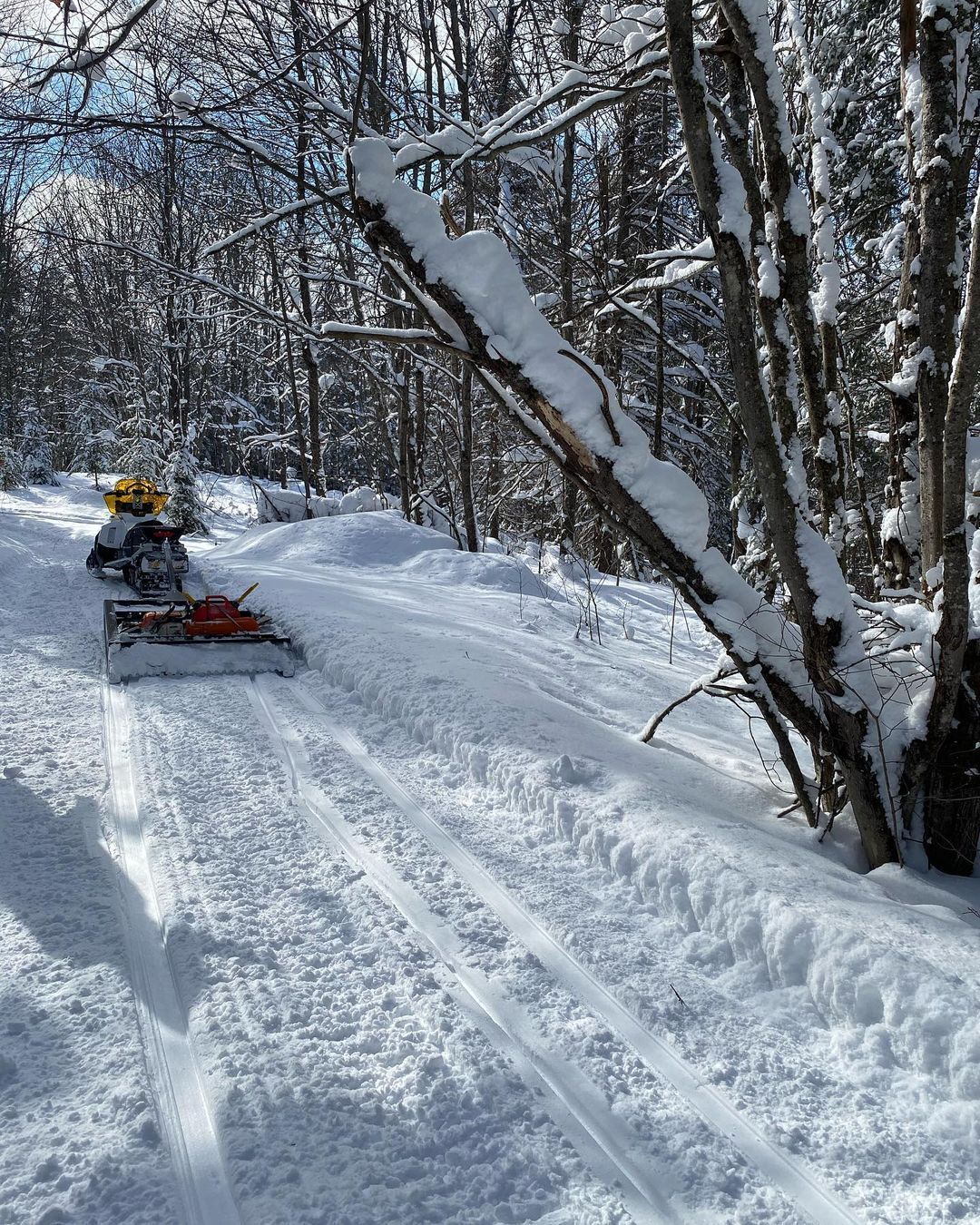 A snowmobile is driving down a snowy road in the woods.