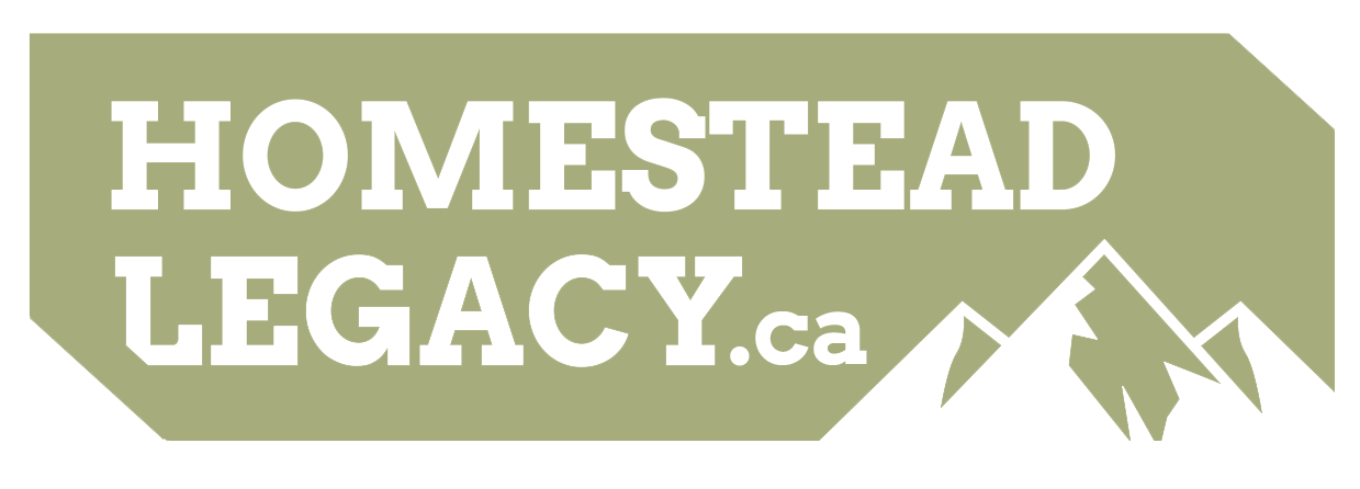 A logo for homestead legacy.ca with a mountain in the background.