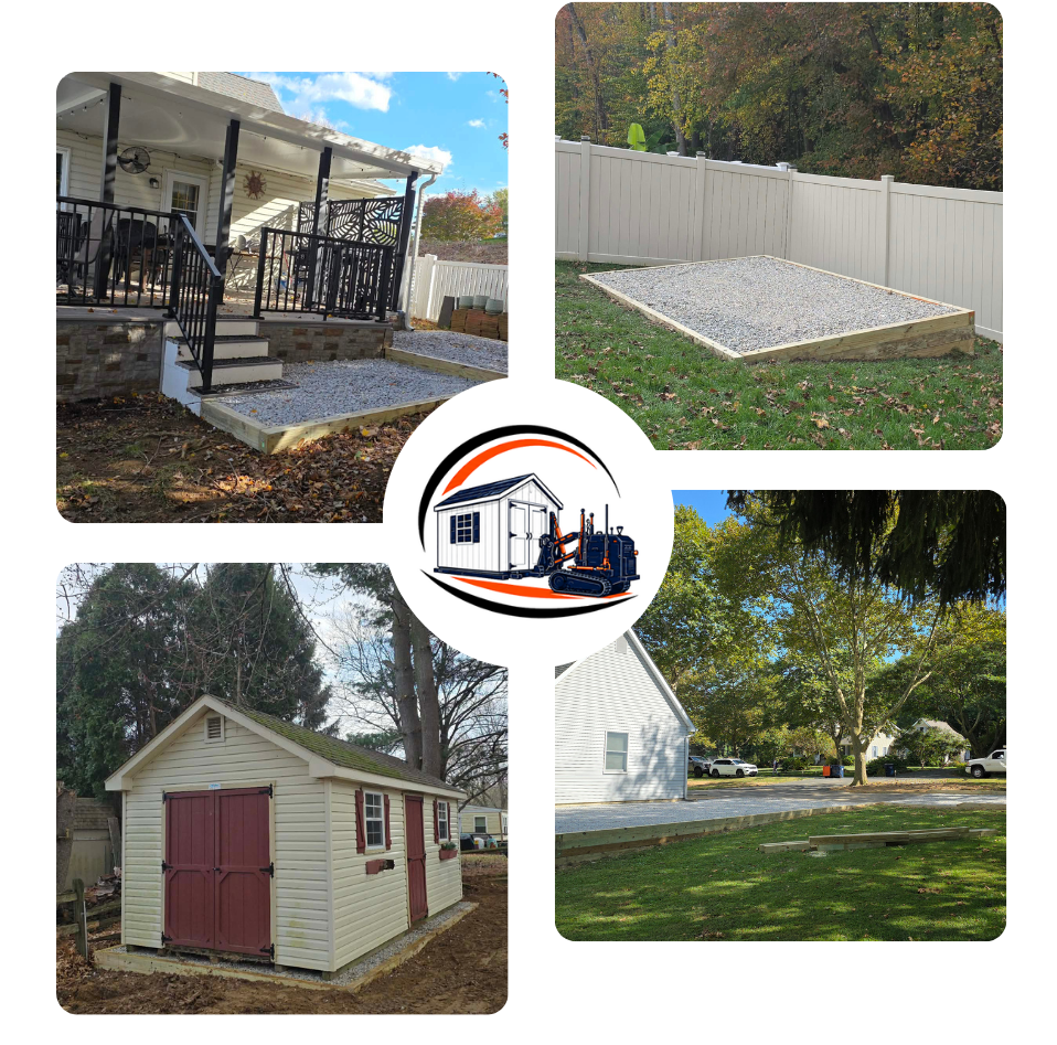 Collage of home improvement projects: porch, patio, shed, and landscaping with a construction logo.