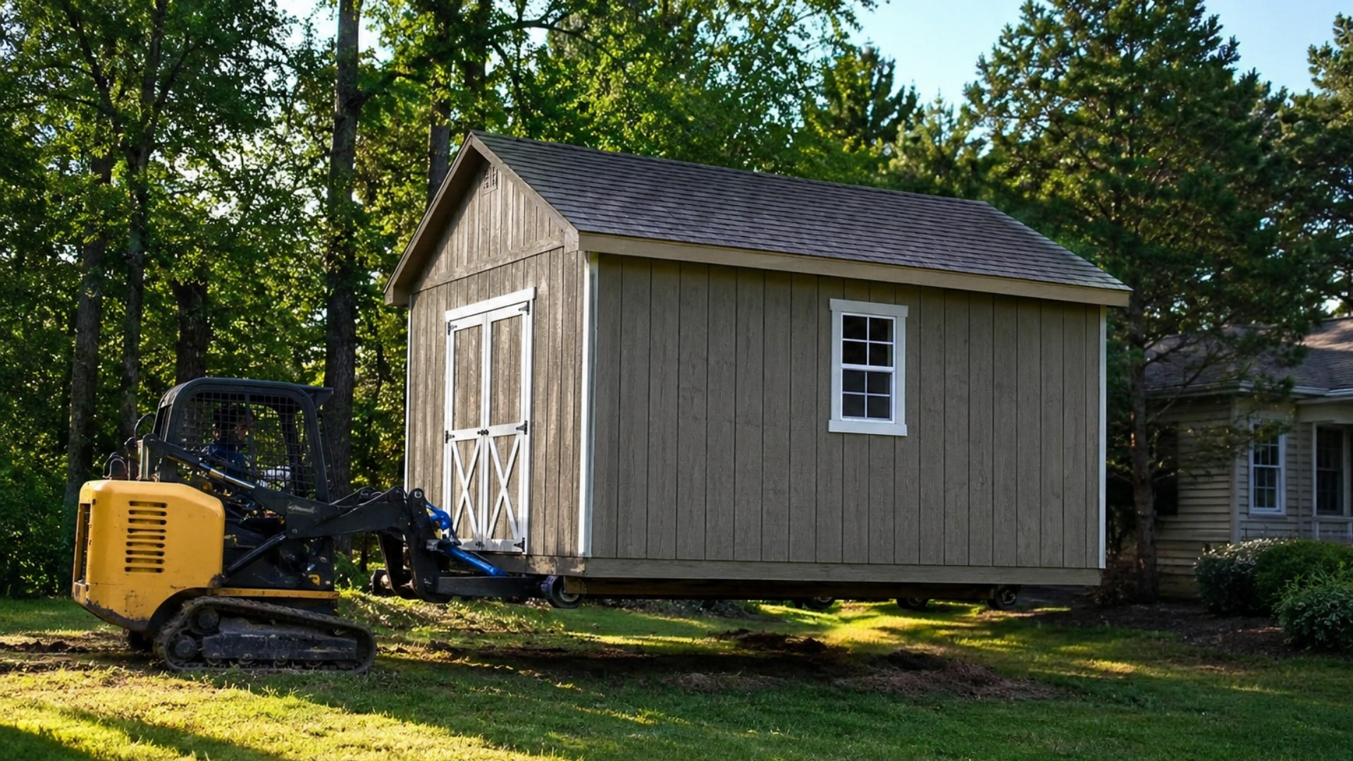 Small tan shed with white trim on a lawn beside a yellow mini excavator, in a sunny yard.