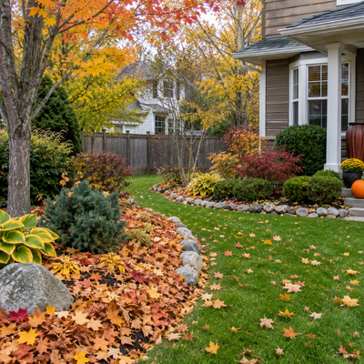 Autumn garden with orange leaves, a curved stone border, and a house porch in the background