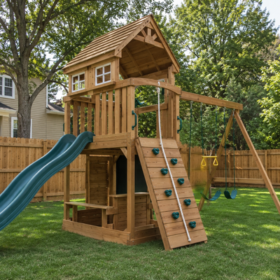 Wooden backyard playset with slide, climbing wall, and swings under trees