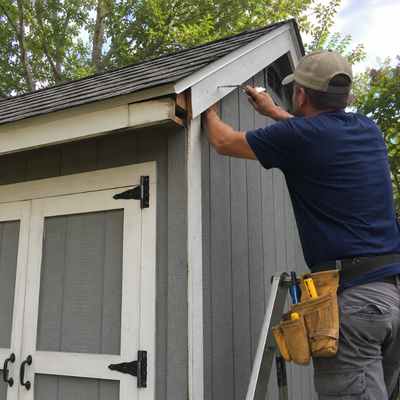 Man in blue shirt repairing trim on a gray shed with a hammer, standing on a ladder