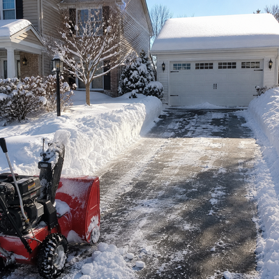 Snow-cleared suburban driveway with a red snowblower and a garage after heavy snowfall
