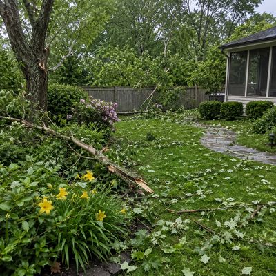 Rainy backyard garden with yellow flowers, fallen tree branches, and a stone path beside a screened porch