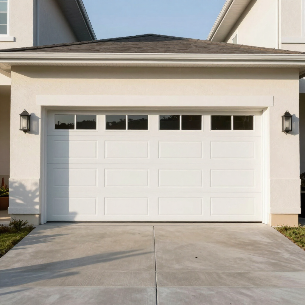 Front view of a white garage door with windows on a modern suburban house