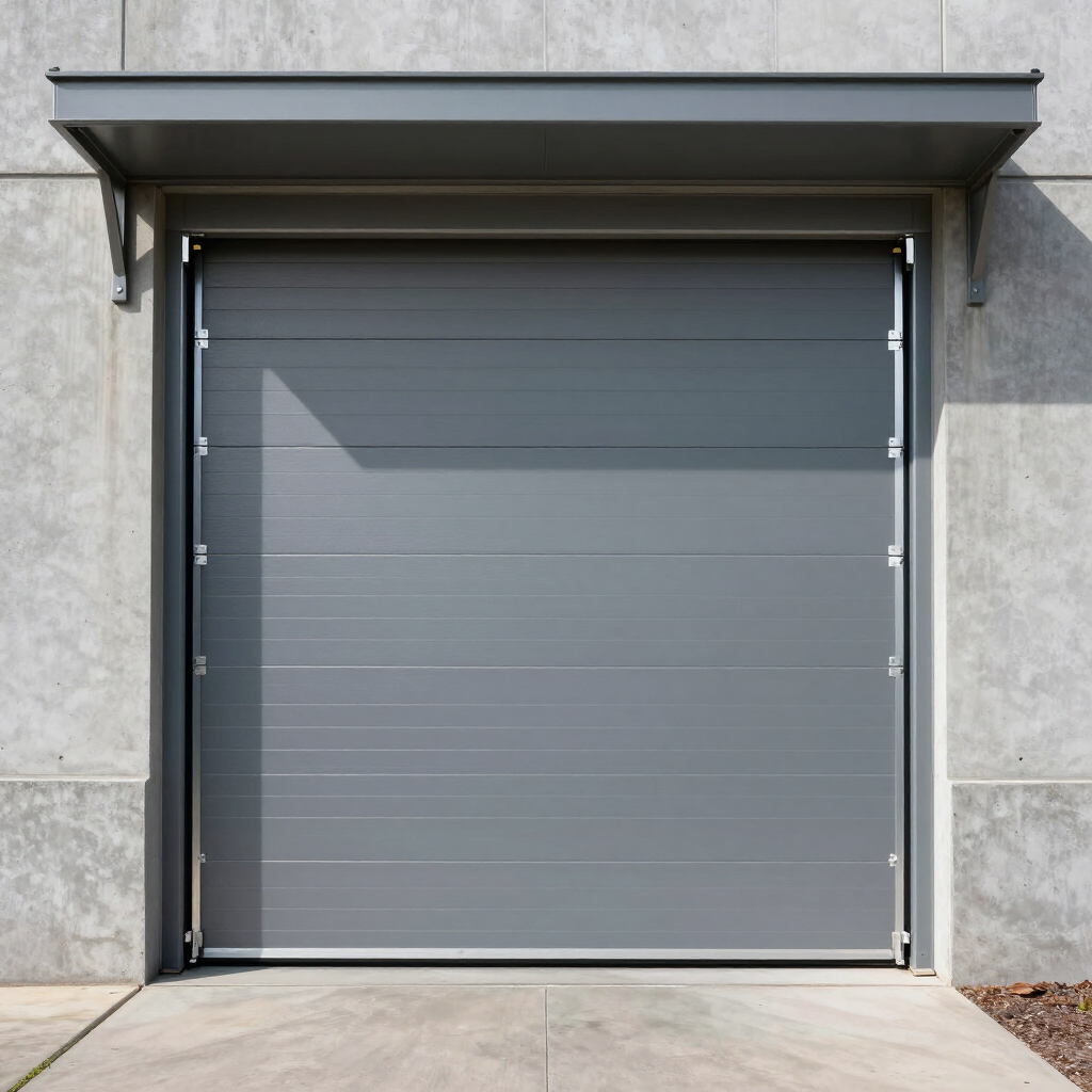 Closed gray garage door on a concrete building facade.