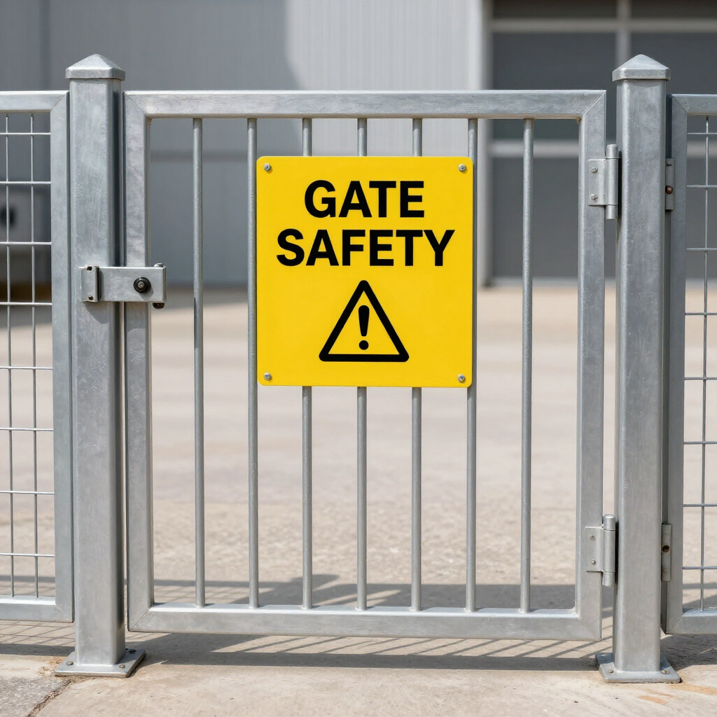 Yellow gate safety sign on a metal gate with a warning triangle icon.