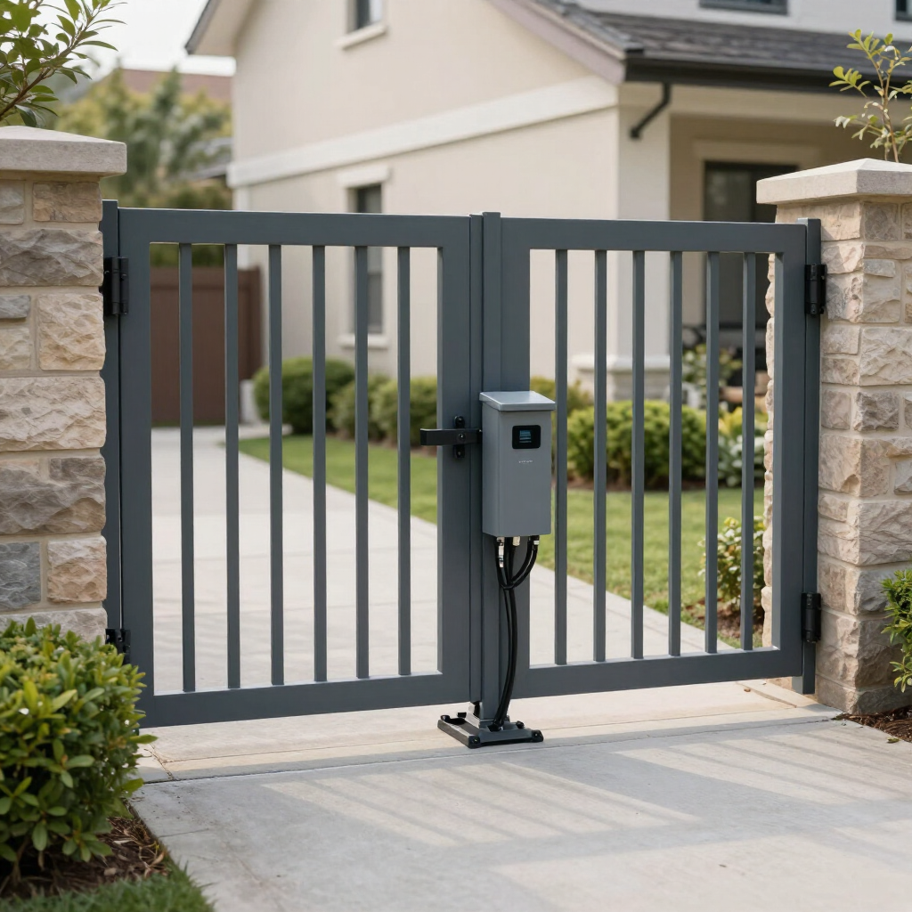 Gray metal driveway gate with a keypad access box in front of a house