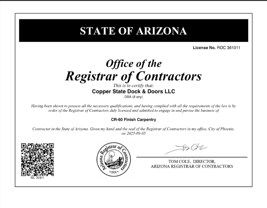 Arizona Registrar of Contractors license certificate for OHB Roofs and Carpentry, with seal and signature.