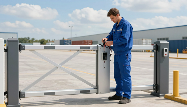 Technician in blue jacket inspecting electrical panel with cables in a workshop