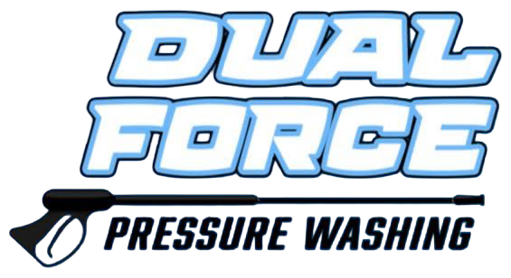 Dual Force Pressure Washing logo in blue and black with a squeegee icon