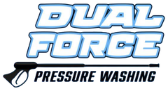 Dual Force Pressure Washing logo in blue and black with a squeegee icon