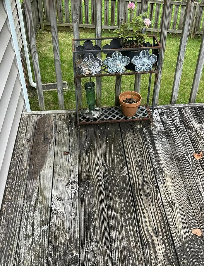Weathered wooden deck with a small black plant stand holding potted plants and a terracotta pot against a railing.