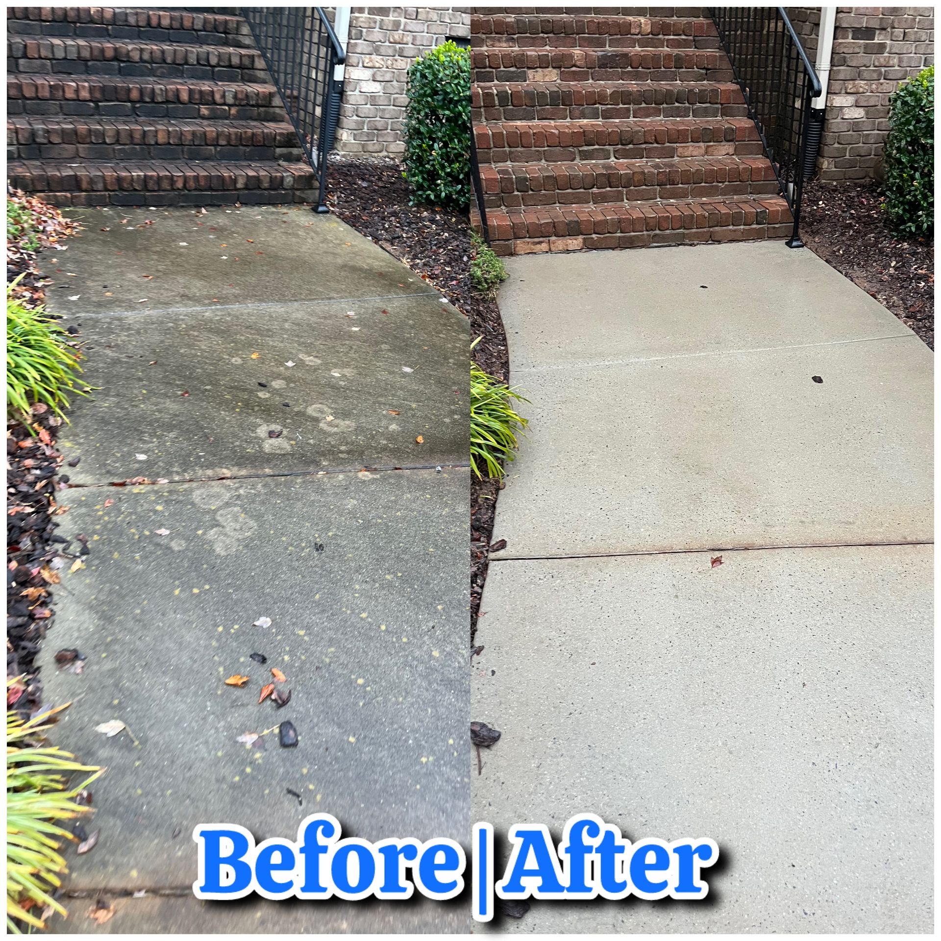 Sidewalk steps before and after pressure washing, with dirty concrete on left and clean concrete on right.