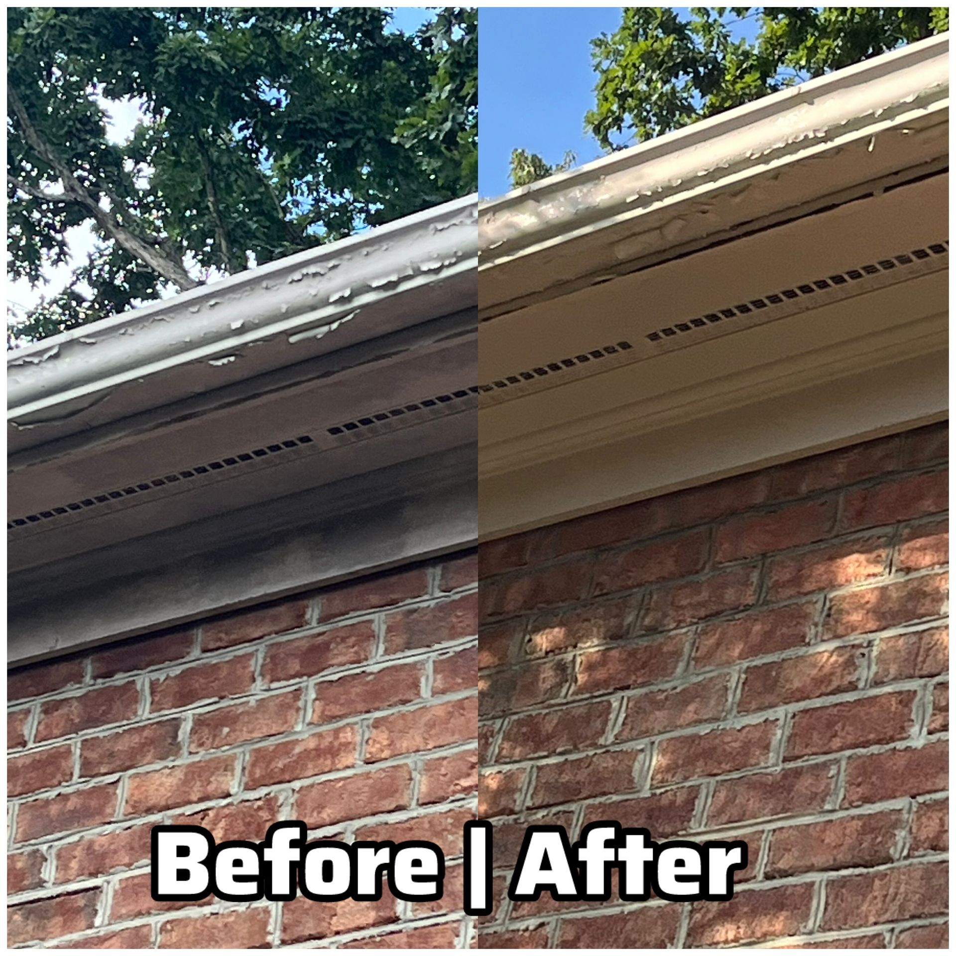 Brick house eave and gutter with “Before | After” text overlay