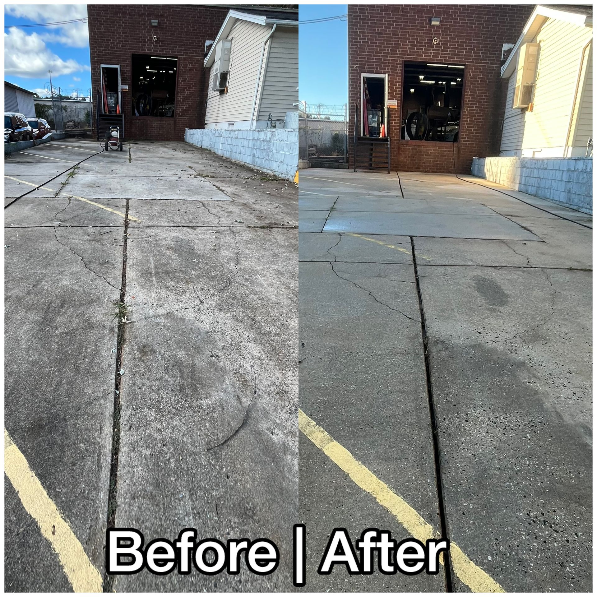 Before-and-after view of a cracked concrete storefront sidewalk repaired and repainted near a brick building.
