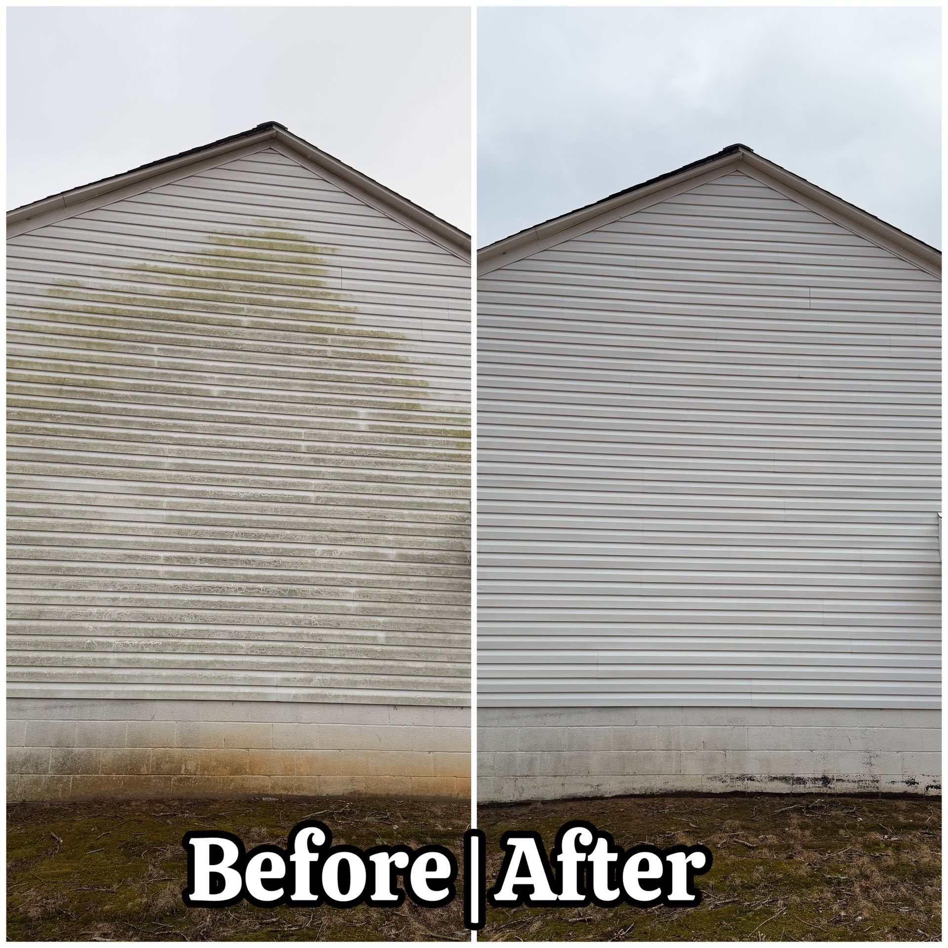 Side-by-side house wall before and after cleaning, showing white siding brightened and stains removed.