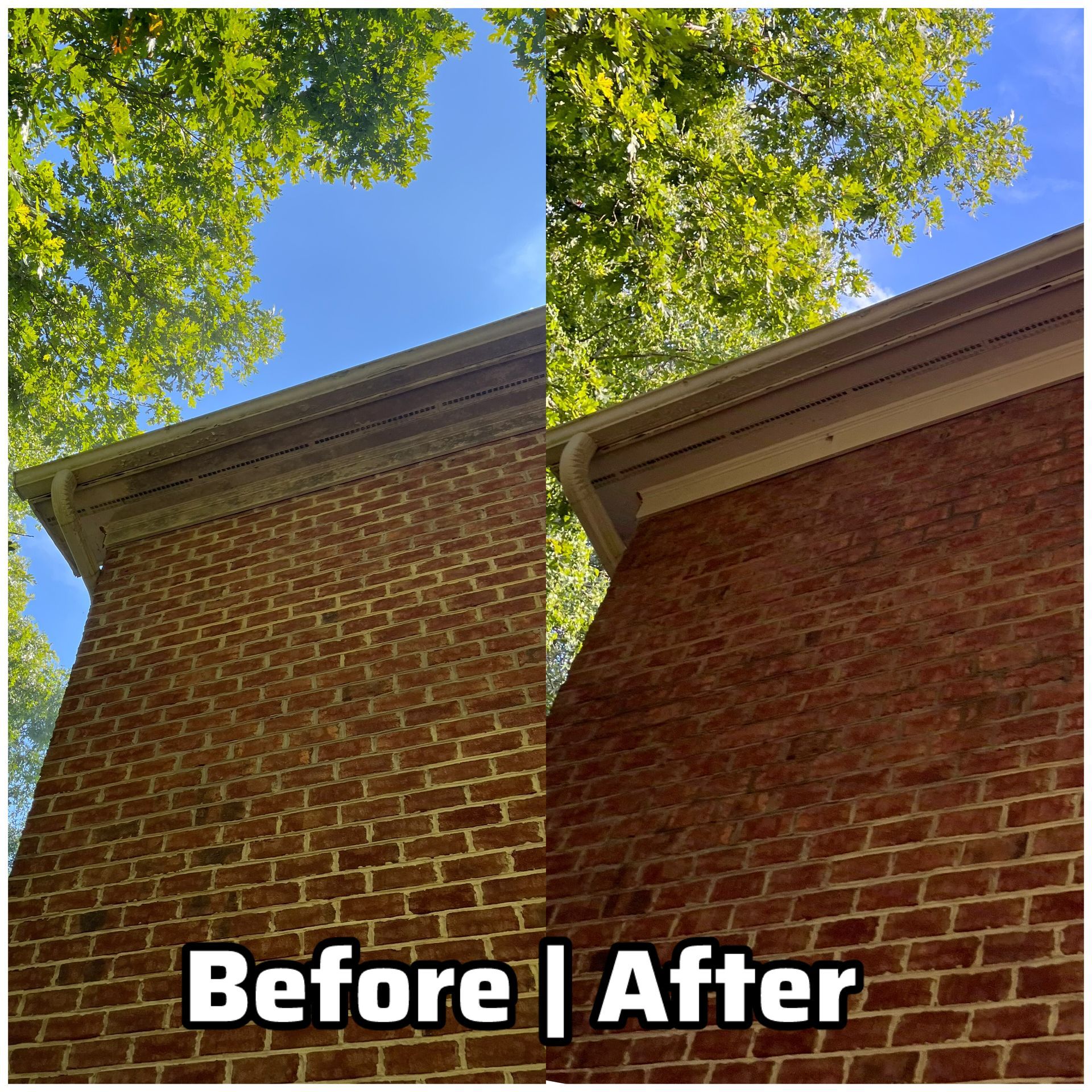 Brick house roof and gutter before-and-after view under green tree branches and blue sky